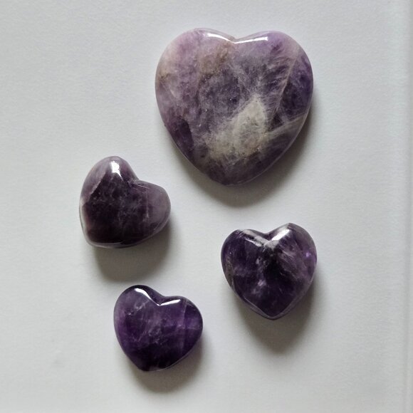 Set of 4 Carved Amethyst Hearts (1large, 3 small) - Picture 1 of 10
